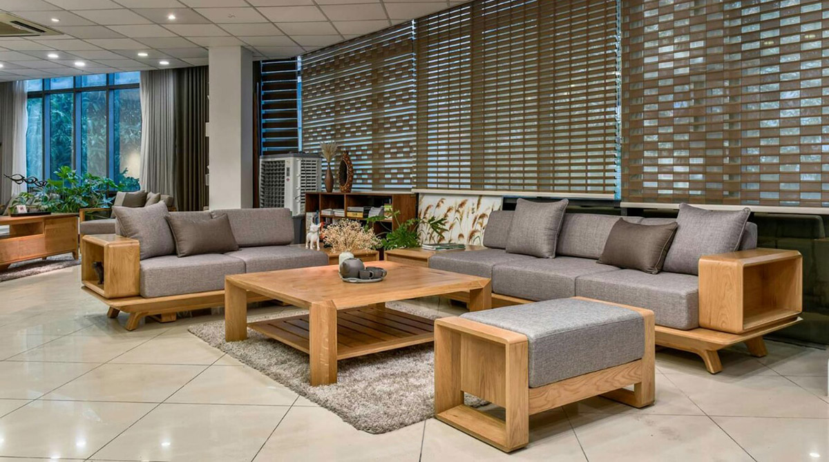Bàn ghế sofa gỗ tự nhiên cho phòng khách rộng