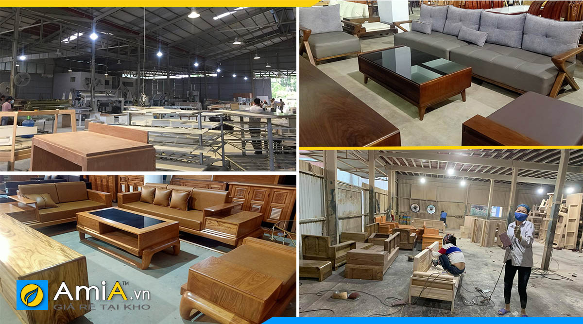 Hình ảnh kho trưng bày và xưởng sản xuất sofa góc gỗ với nhiều trang thiết bị máy móc hiện đại