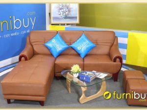 Hình ảnh Sofa góc chữ L bọc da có tay ốp gỗ đẹp cách điệu SofTop-0214