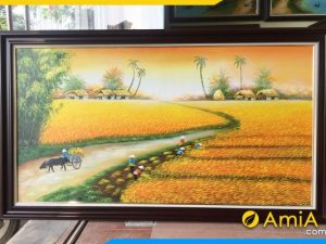Mẫu tranh sơn dầu vẽ cánh đồng lúa chín vàng