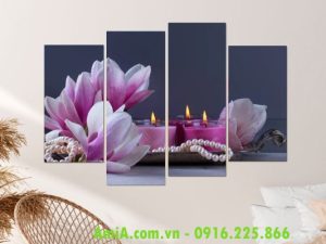 Tranh treo tường Spa 4 tấm hoa mộc lan và nến hồng đẹp AmiA 3904162024